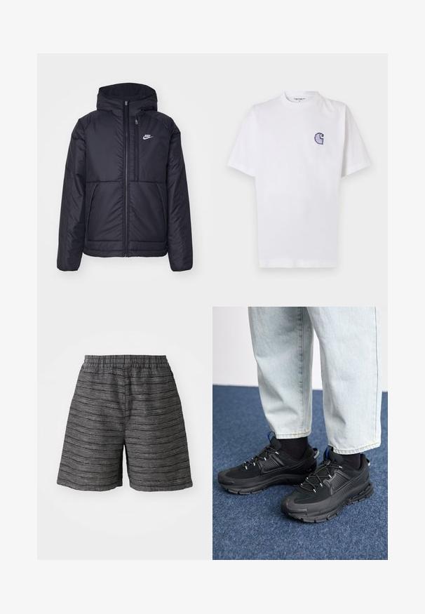 Black, padded Nike jacket with a front zipper and hood. Features a white logo on the left chest and dual front pockets. Smooth exterior texture.; White cotton t-shirt with short sleeves, round neckline, and a small, embroidered blue "C" logo on the left chest area.; Gray shorts with an elastic waistband, featuring a textured fabric with horizontal stripes. Mid-thigh length and relaxed fit.; Black athletic shoes with textured fabric and rubber soles, featuring elastic laces and a blue accent on the heel. Worn with light denim pants.