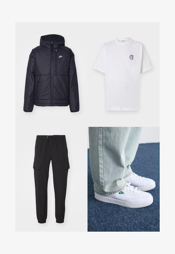 Must musta Nike jope, millel on ees lukuga avamine ja kapuuts. Vasakpoolne rind on kaunistatud valge logoga ning ees on kaks taskut. Sile välimine tekstuur.; Valge puuvillane t-särk lühikeste varrukatega, ümara kaelusega ja vasakul rinnal väike tikitud sinine "C" logo.; Mustad mustad püksid elastse vöökoha ja nööriga, millel on kaks külgtaskut. Valmistatud kerge materjali ja kitsenevate käistega.; Valged nahast tennisetossud rohelise Nike logo ja ümarate varvastega, lamedate taldadega, koos helesiniste teksapükstega, esitatud sinisel vaibal.