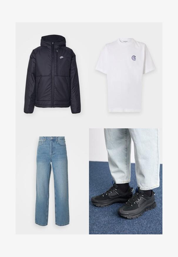 Veste Nike noire rembourrée avec une fermeture éclair sur le devant et une capuche. Elle présente un logo blanc sur la poitrine gauche et deux poches avant. Texture extérieure lisse.; T-shirt blanc en coton à manches courtes, col rond, avec un petit logo "C" bleu brodé sur la poitrine gauche.; Jeans en denim léger bleu clair taille haute avec des jambes droites, fermeture à bouton à l'avant et style à cinq poches sur fond uni.; Des chaussures de sport noires avec un tissu texturé et des semelles en caoutchouc, dotées de lacets élastiques et d'un accent bleu au talon. Portées avec un pantalon en denim clair.
