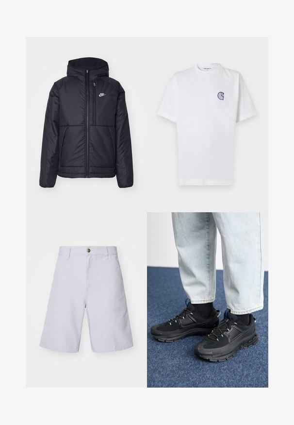 Schwarze, gepolsterte Nike-Jacke mit Frontreißverschluss und Kapuze. Hat ein weißes Logo auf der linken Brust und zwei Fronttaschen. Glattes äußeres Material.; Weißes Baumwoll-T-Shirt mit kurzen Ärmeln, rundem Halsausschnitt und einem kleinen, gestickten blauen "C"-Logo auf der linken Brustseite.; Helle blaue Baumwollshorts mit Knopfverschluß, geradem Schnitt, Fronttaschen und glatter Textur. Keine Muster oder Akzente sichtbar.; Schwarze Sportschuhe aus strukturiertem Stoff mit Gummisohlen, ausgestattet mit elastischen Schnürsenkeln und einem blauen Akzent an der Ferse. Getragen mit hellen Jeans.