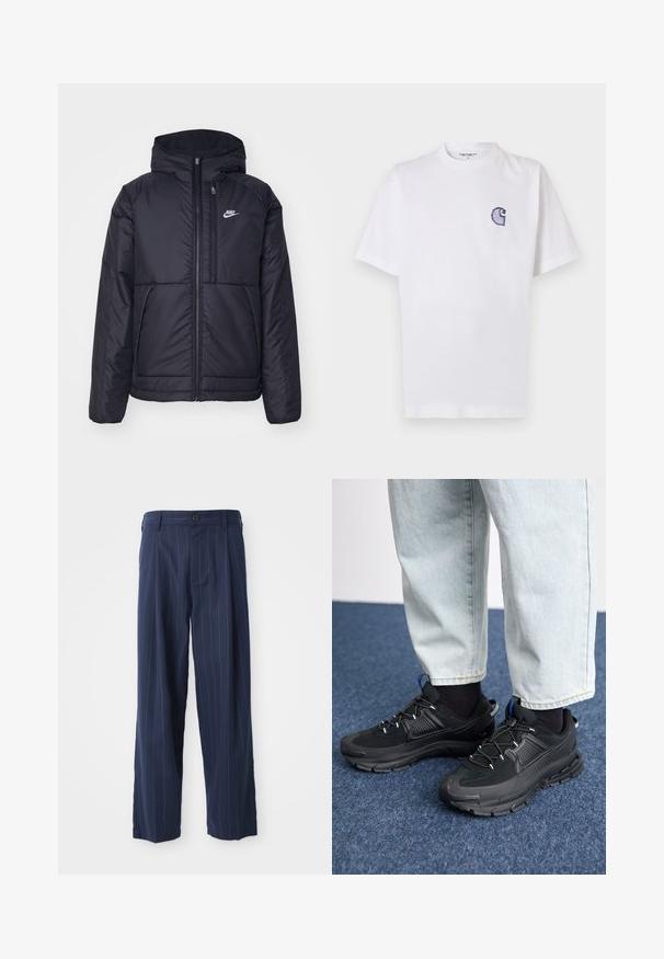 Svart, polstret Nike-jakke med frontglidelås og hette. Har en hvit logo på venstre bryst og doble frontlommer. Glatt ytterside.; Hvit bomulls-T-skjorte med korte ermer, rund hals og en liten, brodert blå "C"-logo på venstre brystområde.; Navy blå bukser med striber laget av teksturert stoff; har knappelukking, sidelommer og et avslappet design.; Svarte sportssko med teksturert stoff og gummisåler, med elastiske lisser og en blå detalj på hælen. Brukt med lyse denimbukser.