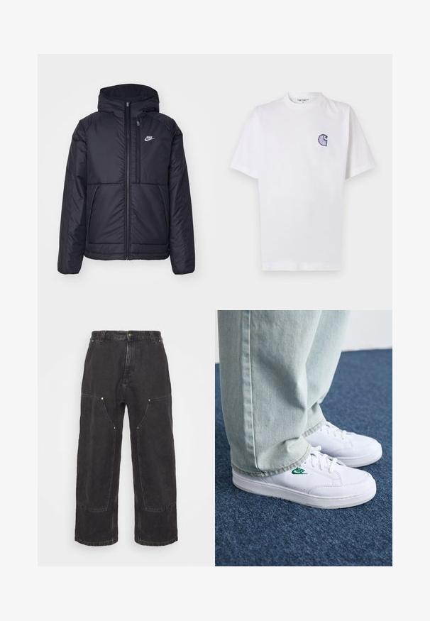 Black, padded Nike jacket with a front zipper and hood. Features a white logo on the left chest and dual front pockets. Smooth exterior texture.; White cotton t-shirt with short sleeves, round neckline, and a small, embroidered blue "C" logo on the left chest area.; Carhartt WIP NASH PANT SMITH - Relaxed fit jeans - black stone washed; White leather sneakers with green Nike logo, round toe, flat sole, paired with light blue denim pants, shown on a blue carpet.