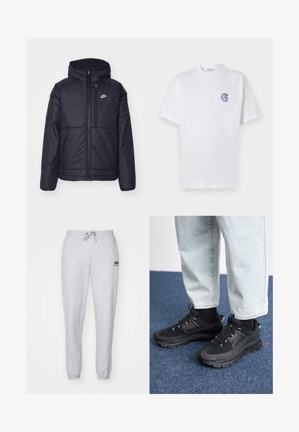 Musta, pehmustettu Nike-takki, jossa on etuvetoketju ja huppu. Vasemmassa rinnassa on valkoinen logo ja takissa on kaksinkertaiset etutaskut. Pintakoe on sileä.; Valkoinen puuvillainen lyhythihainen T-paita, jossa pyöreä kaula-aukko ja vasemmassa rinnassa pieni, kirjailtu sininen "C"-logo.; Harmaat verkkohousut, joissa on kiristettävä vyötärö, elastiset hihnat ja pieni laivastonsininen logo vasemmassa reisissä. Pehmeä, teksturoitu kangas.; Mustat urheilukengät, joissa on teksturoitu kangas ja kumipohjat, elastiset nauhat ja sininen yksityiskohta kannassa. Yhdistetty vaaleisiin farkkuihin.