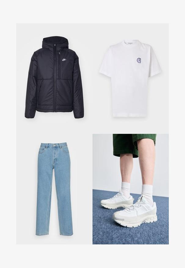 Juodas, paminkštintas Nike džemperis su priekyje užtrauktuku ir gobtuvu. Pasižymi balta logo kairėje krūtinės pusėje ir dviem priekinėmis kišenėmis. Su lygiu išoriniu paviršiumi.; Baltas medvilninis marškinėlis trumpomis rankovėmis, apvalia iškirpte ir mažu siuvinėtu mėlynu „C“ logotipu kairėje krūtinės pusėje.; Šviesiai mėlynų tiesių kojų džinsai, pagaminti iš denimo, su klasikinio penkių kišenių dizainu, priekiniais mygtukais ir matomomis siuvimo detalėmis.; Baltos sportinės bateliai su tekstūruotais uždengimais, masyviu padu ir pilkais akcentais. Dėvimi su baltais trumpais kojiniais ir žaliais šortais mėlyname paviršiuje.