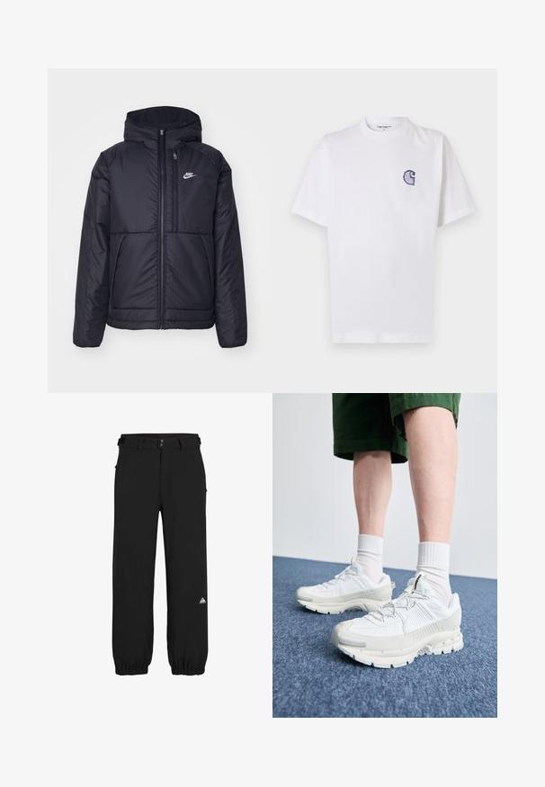 Must musta Nike jope, millel on ees lukuga avamine ja kapuuts. Vasakpoolne rind on kaunistatud valge logoga ning ees on kaks taskut. Sile välimine tekstuur.; Valge puuvillane t-särk lühikeste varrukatega, ümara kaelusega ja vasakul rinnal väike tikitud sinine "C" logo.; Kerged mustad püksid, mis on valmistatud kergest kangast, omavad vabalt langevat lõiget, elastseid mansette, vöökohaga silmuseid ja väikest värvilist logo alumises osas.; Valged sportsijalatsid tekstuursete pealsete, kopsaka tallaga ja hallide aktsentidega. Kanda valgete lühikeste sokkidega ja roheliste lühikeste pükstega sinisel pinnal.