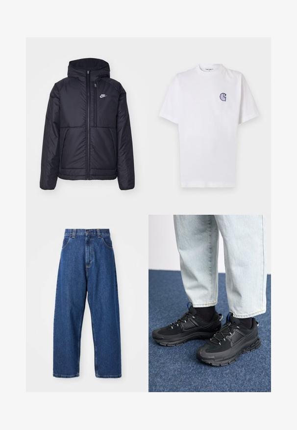 Black, padded Nike jacket with a front zipper and hood. Features a white logo on the left chest and dual front pockets. Smooth exterior texture.; White cotton t-shirt with short sleeves, round neckline, and a small, embroidered blue "C" logo on the left chest area.; Denim wide-leg jeans in dark blue. Features a high waist, belt loops, and classic five-pocket design. Stitched hem with a clean finish.; Black athletic shoes with textured fabric and rubber soles, featuring elastic laces and a blue accent on the heel. Worn with light denim pants.