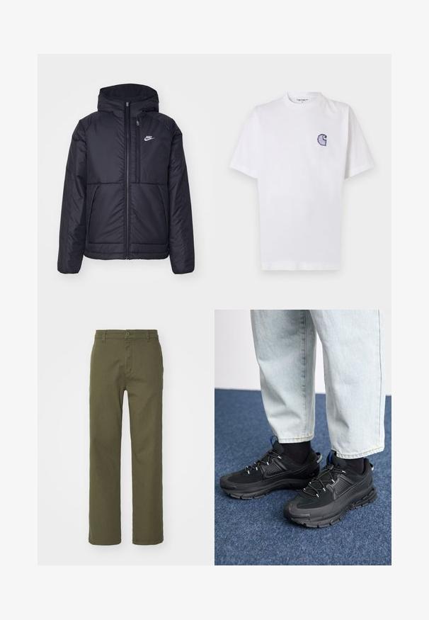 Must musta Nike jope, millel on ees lukuga avamine ja kapuuts. Vasakpoolne rind on kaunistatud valge logoga ning ees on kaks taskut. Sile välimine tekstuur.; Valge puuvillane t-särk lühikeste varrukatega, ümara kaelusega ja vasakul rinnal väike tikitud sinine "C" logo.; Oliivrohelised püksid otse lõikega, nööp- ja tõmblukuga kinnitamine ning küljetaskud. Kangas näib sile, millel on kerge tekstuur.; Mustad mustad jooksukingad, millel on tekstureeritud kangas ja kummist tallad, elastsed nöörid ning sinine aksent kandadel. Kandmine heledate teksadega.