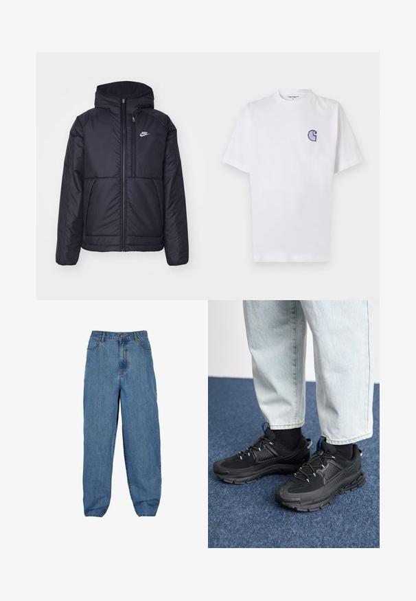 Must musta Nike jope, millel on ees lukuga avamine ja kapuuts. Vasakpoolne rind on kaunistatud valge logoga ning ees on kaks taskut. Sile välimine tekstuur.; Valge puuvillane t-särk lühikeste varrukatega, ümara kaelusega ja vasakul rinnal väike tikitud sinine "C" logo.; Heledad sinised teksapüksid kõrge vöökohaga, laia jala disainiga, viie taskuga stiil ja nööbi ja tõmbluku kinnihoidmine.; Mustad mustad jooksukingad, millel on tekstureeritud kangas ja kummist tallad, elastsed nöörid ning sinine aksent kandadel. Kandmine heledate teksadega.