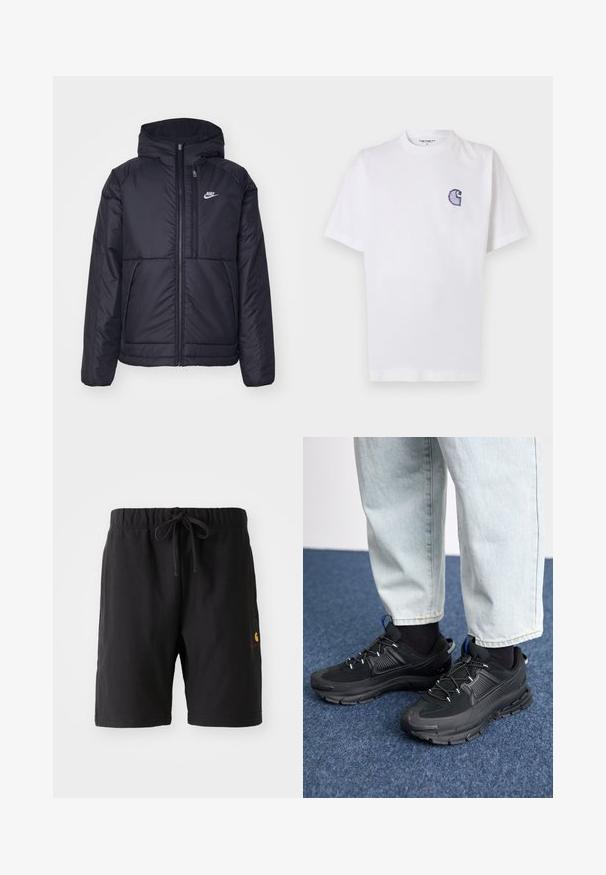 Chaqueta acolchada negra de Nike con cremallera frontal y capucha. Presenta un logo blanco en el lado izquierdo del pecho y dos bolsillos frontales. Textura exterior suave.; Camiseta blanca de algodón con mangas cortas, cuello redondo y un pequeño logo azul bordado en forma de "C" en el área del pecho izquierdo.; Pantalones cortos negros con una cinturilla elástica y cordón. Cuenta con un bolsillo lateral y un pequeño logo en rojo y amarillo en la parte inferior izquierda.; Zapatillas deportivas negras con tejido texturizado y suelas de goma, con cordones elásticos y un acento azul en el talón. Combinadas con pantalones de mezclilla claros.