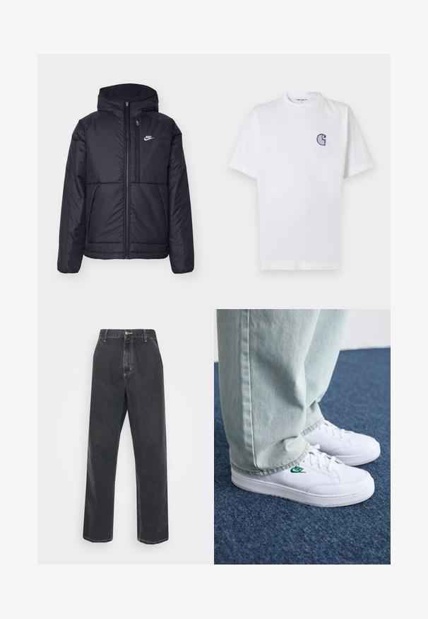 Black, padded Nike jacket with a front zipper and hood. Features a white logo on the left chest and dual front pockets. Smooth exterior texture.; White cotton t-shirt with short sleeves, round neckline, and a small, embroidered blue "C" logo on the left chest area.; Carhartt WIP SIMPLE PANT - Relaxed fit jeans - black heavy stone wash; White leather sneakers with green Nike logo, round toe, flat sole, paired with light blue denim pants, shown on a blue carpet.