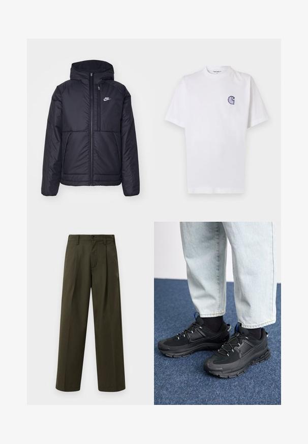 Svart, polstret Nike-jakke med frontglidelås og hette. Har en hvit logo på venstre bryst og doble frontlommer. Glatt ytterside.; Hvit bomulls-T-skjorte med korte ermer, rund hals og en liten, brodert blå "C"-logo på venstre brystområde.; Oliven grønne bukser med vidde laget av bomull med en glatt tekstur, med en frontlomme, beltehemper og en enkelt knappelukking.; Svarte sportssko med teksturert stoff og gummisåler, med elastiske lisser og en blå detalj på hælen. Brukt med lyse denimbukser.