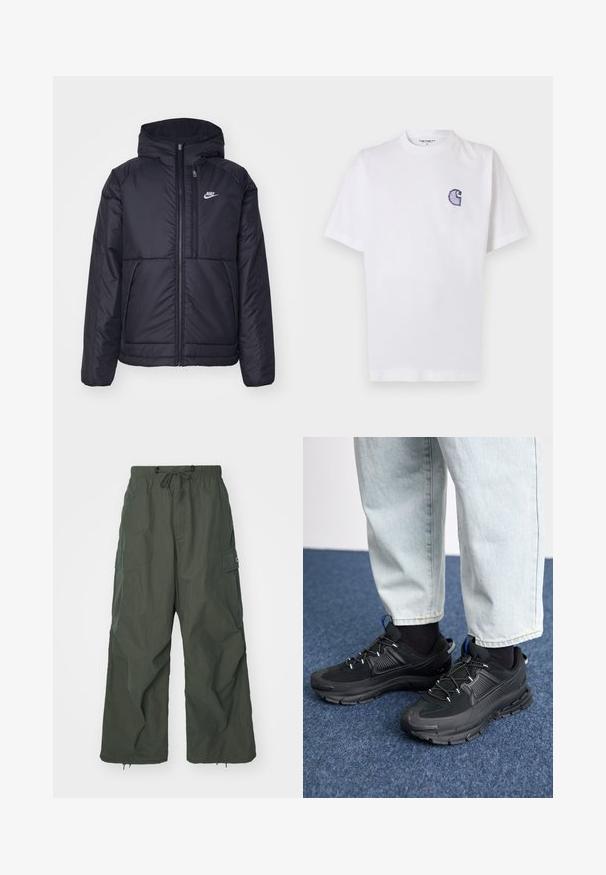 Černá zateplená bunda Nike s předním zipem a kapucí. Na levé straně hrudi má bílé logo a dvojité přední kapsy. Hladký povrch.; Bílé bavlněné tričko s krátkými rukávy, kulatým výstřihem a malým vyšitým modrým logem "C" na levé části hrudi.; Obey Clothing DEVON GIANT PANT - Kapsáče - chimera; Černé sportovní boty s texturovanou tkaninou a gumovou podrážkou, s elastickými tkaničkami a modrým akcentem na patě. Nosí se s světlými džíny.