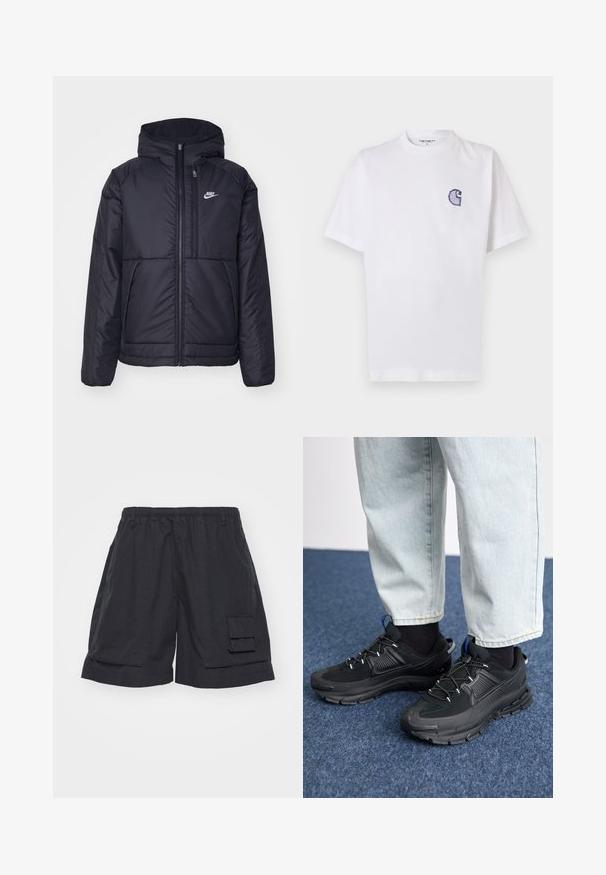 Czarna, pikowana kurtka Nike z przednim zamkiem błyskawicznym i kapturem. Posiada białe logo po lewej stronie klatki piersiowej oraz podwójne kieszenie z przodu. Gładka struktura zewnętrzna.; Biała bawełniana koszulka z krótkimi rękawami, okrągłym dekoltem i małym, niebieskim haftowanym logo "C" na lewej stronie klatki piersiowej.; Czarne szorty cargo z elastycznym paskiem, posiadające boczną kieszeń i luźny krój. Wykonane z lekkiego materiału, o gładkiej fakturze.; Czarne buty sportowe z teksturowanej tkaniny i gumowymi podeszwami, z elastycznymi sznurówkami i niebieskim akcentem na pięcie. Noszone z jasnymi dżinsami.