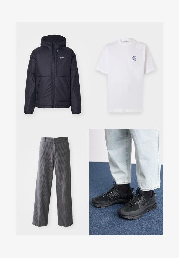 Schwarze, gepolsterte Nike-Jacke mit Frontreißverschluss und Kapuze. Hat ein weißes Logo auf der linken Brust und zwei Fronttaschen. Glattes äußeres Material.; Weißes Baumwoll-T-Shirt mit kurzen Ärmeln, rundem Halsausschnitt und einem kleinen, gestickten blauen "C"-Logo auf der linken Brustseite.; Graue Fensterpaneel-Hose mit weitem Bein, Gürtelschlaufen, flachem Vorderteil und geraden Säumen, vor einem weißen Hintergrund dargestellt.; Schwarze Sportschuhe aus strukturiertem Stoff mit Gummisohlen, ausgestattet mit elastischen Schnürsenkeln und einem blauen Akzent an der Ferse. Getragen mit hellen Jeans.
