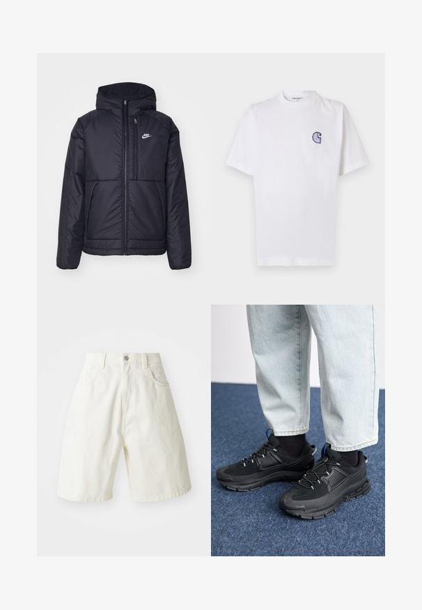 Chaqueta acolchada negra de Nike con cremallera frontal y capucha. Presenta un logo blanco en el lado izquierdo del pecho y dos bolsillos frontales. Textura exterior suave.; Camiseta blanca de algodón con mangas cortas, cuello redondo y un pequeño logo azul bordado en forma de "C" en el área del pecho izquierdo.; Pantalones cortos de mezclilla blanca con un ajuste relajado, que cuentan con cinturilla, cinco bolsillos y piernas rectas. La tela tiene una ligera textura.; Zapatillas deportivas negras con tejido texturizado y suelas de goma, con cordones elásticos y un acento azul en el talón. Combinadas con pantalones de mezclilla claros.