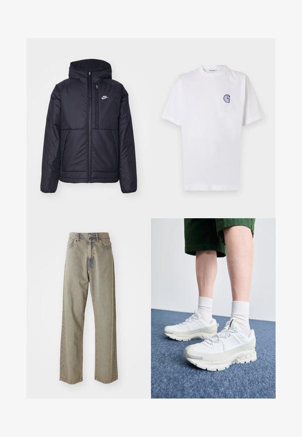 Černá zateplená bunda Nike s předním zipem a kapucí. Na levé straně hrudi má bílé logo a dvojité přední kapsy. Hladký povrch.; Bílé bavlněné tričko s krátkými rukávy, kulatým výstřihem a malým vyšitým modrým logem "C" na levé části hrudi.; Světle šedé široké džíny vyrobené z denimu, s vybledlou texturou, viditelným šitím a tradičním zapínáním na knoflík a zip.; Bílé sportovní boty s texturovanými překryvy, masivní podrážkou a šedými akcenty. Na nohou mají bílé ponožky a zelené šortky na modrém povrchu.