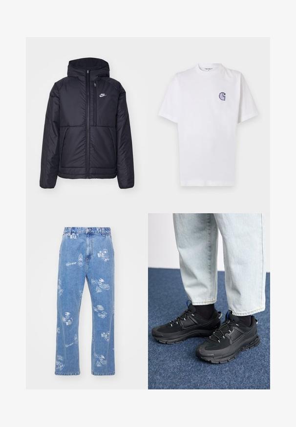 Black, padded Nike jacket with a front zipper and hood. Features a white logo on the left chest and dual front pockets. Smooth exterior texture.; White cotton t-shirt with short sleeves, round neckline, and a small, embroidered blue "C" logo on the left chest area.; Light blue denim jeans featuring a straight leg design. Decorated with various white graphic prints and logos throughout.; Black athletic shoes with textured fabric and rubber soles, featuring elastic laces and a blue accent on the heel. Worn with light denim pants.