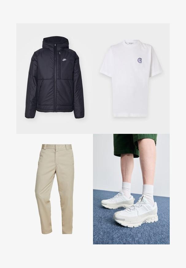 Schwarze, gepolsterte Nike-Jacke mit Frontreißverschluss und Kapuze. Hat ein weißes Logo auf der linken Brust und zwei Fronttaschen. Glattes äußeres Material.; Weißes Baumwoll-T-Shirt mit kurzen Ärmeln, rundem Halsausschnitt und einem kleinen, gestickten blauen "C"-Logo auf der linken Brustseite.; Carhartt WIP MASTER PANT - Stoffhose - wall rinsed; Weiße Sportschuhe mit strukturierten Überzügen, einer dicken Sohle und grauen Akzenten. Tragen mit weißen Crew-Socken und grünen Shorts auf einer blauen Oberfläche.