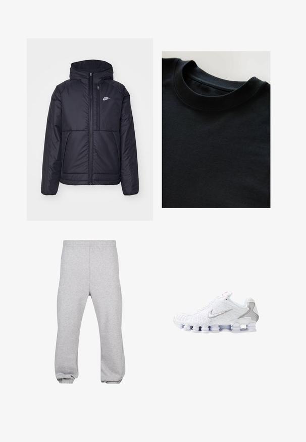 Must musta Nike jope, millel on ees lukuga avamine ja kapuuts. Vasakpoolne rind on kaunistatud valge logoga ning ees on kaks taskut. Sile välimine tekstuur.; Must musta T-särk pehmea ja tekstuuritundega kangast, lühikeste varrukatega ja siledat kaelust. Lihtne disain ilma mustrite või trükkideta.; Hallide hallid puuvillasegusest kangast dressipüksid, millel on elastne vöökoht, kitsenevad jalad ja mansetid. Lihtne disain, ilma mustriteta.; Valged spordijalatsid, millel on tekstuuriga pealiskülg hõbedase Swooshi logoga, võrkkangast paneelid ja iseloomulik jagatud valge tallaga.}}