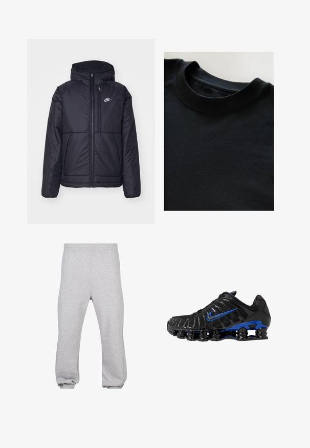 Juodas, paminkštintas Nike džemperis su priekyje užtrauktuku ir gobtuvu. Pasižymi balta logo kairėje krūtinės pusėje ir dviem priekinėmis kišenėmis. Su lygiu išoriniu paviršiumi.; Juoda crewneck marškinėliai su minkšta, tekstūruota medžiaga, trumpomis rankovėmis ir lygiu iškirpimu. Paprastas dizainas be raštų ar spaudinių.; Pilkos medvilnės mišinio sportinės kelnės, su elastingu juosmeniu, siaurėjantys modeliai ir atsispaudžiamų kraštų. Paprastas dizainas be raštų.; Juodas sportinis batelis su tinklo viršumi ir blizgiais akcentais. Yra mėlynas swoosh, paminkštintas apykaklė ir išsikišusi juoda guma padais su matomais amortizatoriais.
