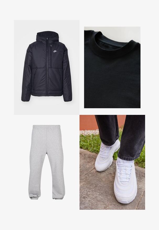 Zwarte, gewatteerde Nike-jas met een voorkant met ritssluiting en capuchon. Kenmerkt zich door een wit logo op de linkerborst en dubbele frontzakken. Gladde buitenkant.; Zwarte crewneck t-shirt met een zachte, gestructureerde stof, korte mouwen en een gladde halslijn. Eenvoudig ontwerp zonder patronen of prints.; Grijze joggingsbroek van een katoenmix, met een elastische tailleband, taps toelopende pijpen en verdfste naden. Eenvoudig ontwerp zonder patronen.; Witte sport sneakers met textiel, gelaagd ontwerp en een dikke rubberen zool. De veters hebben een veilig lussensysteem.