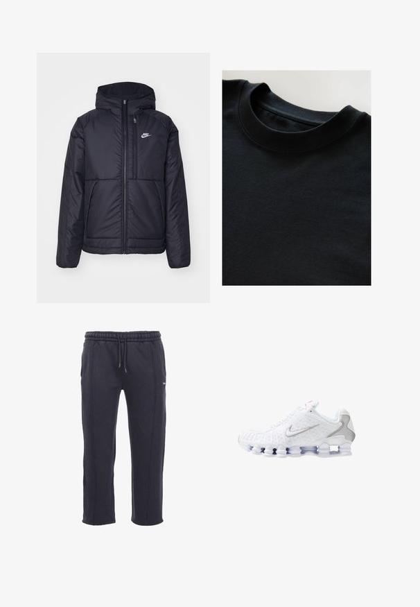 Jachetă Nike neagră, căptușită, cu fermoar pe față și glugă. Prezintă un logo alb pe pieptul stâng și două buzunare frontale. Textură exterioară netedă.; Tricou negru cu guler rotund, fabrică moale și texturată, mâneci scurte și un decolteu neted. Design simplu, fără modele sau imprimeuri.; Pantaloni de trening gri închis, dintr-un material moale, având un brâu elastic cu șnur, buzunare laterale și cusături vizibile.; Pantofi sport albi cu partea superioară texturată, logo argintiu în formă de swoosh, panouri din plasă și o talpă albă segmentată distinctiv.