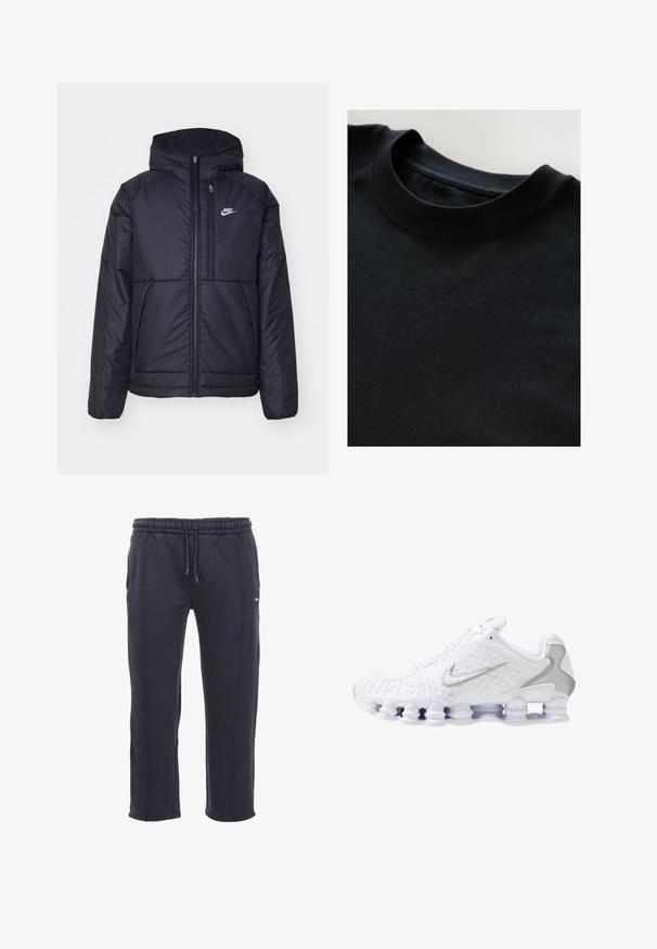 Juodas, paminkštintas Nike džemperis su priekyje užtrauktuku ir gobtuvu. Pasižymi balta logo kairėje krūtinės pusėje ir dviem priekinėmis kišenėmis. Su lygiu išoriniu paviršiumi.; Juoda crewneck marškinėliai su minkšta, tekstūruota medžiaga, trumpomis rankovėmis ir lygiu iškirpimu. Paprastas dizainas be raštų ar spaudinių.; Tamsiai pilki treninginiai keliai, pagaminti iš minkštos medžiagos, su elastingu juosmeniu ir raišteliais, šoninėmis kišenėmis ir matomu siuvimu.; Baltas sportinis batelis su tekstūruotu tinkliniu viršumi, sidabriniu Nike logotipu, paminkštintu auliuku ir unikaliu skaidrių plastikinių padų su spyruoklėmis dizainu.