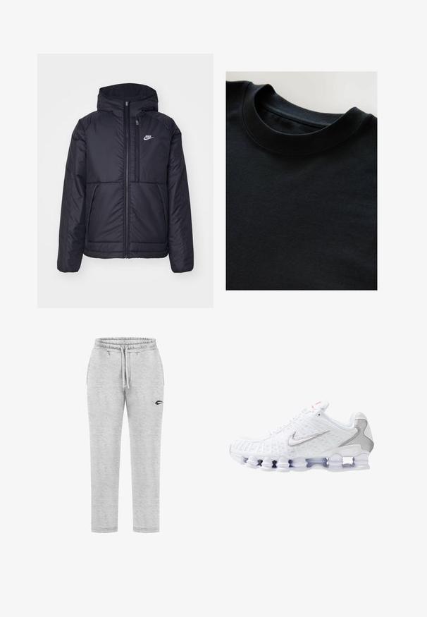 Schwarze, gepolsterte Nike-Jacke mit Frontreißverschluss und Kapuze. Hat ein weißes Logo auf der linken Brust und zwei Fronttaschen. Glattes äußeres Material.; Schwarzes Rundhals-T-Shirt aus weichem, strukturiertem Stoff, mit kurzen Ärmeln und einem glatten Ausschnitt. Einfaches Design ohne Muster oder Drucke.; Hellgraue Jogginghose aus weichem Stoff mit einem elastischen Bund, verstellbarem Kordelzug und einem schwarzen Logo am linken Oberschenkel.; Weißer Sportschuh mit einem strukturierten Mesh-Obermaterial, silbernem Nike-Logo, gepolstertem Kragen und einzigartiger transparenter Plastiksohle mit Federn.