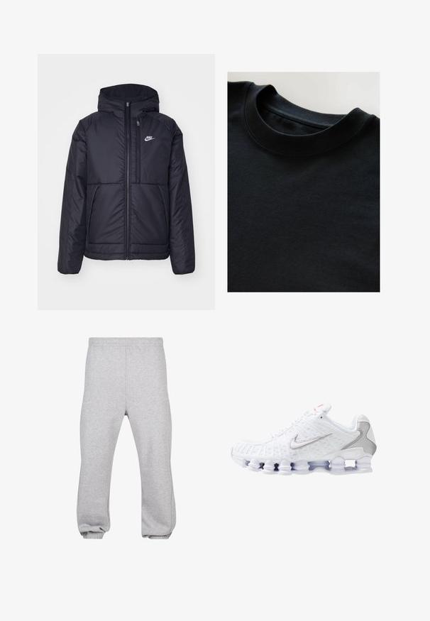 Crna Nike jakna s podstavom, dugmadi sprijeda i kapuljačom. Ima bijeli logotip na lijevoj strani prsnog koša i dva prednja džepa. Glatka vanjska tekstura.; Crna majica s kratkim rukavima i okruglim izrezom, izrađena od mekog, teksturiranog materijala. Jednostavan dizajn, bez uzoraka ili printova.; Sive trenirke od mješavine pamuka, s elastičnim pojasom, sužavajućim nogavicama i manžetama na dnu. Jednostavan dizajn bez uzoraka.; Bijela atletska cipela s teksturiranim mrežastim gornjištem, srebrnim Nike logom, podstavljenim ovratnikom i jedinstvenim prozirnim plastičnim potplatom sa oprugama.
