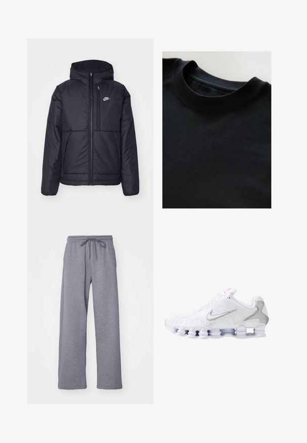 Črna, podložena Nike jakna z sprednjim zadrgo in kapuco. Ima bel logo na levem prsnem delu in dvojna sprednja žepa. Gladka zunanja tekstura.; Črna majica s kratkimi rokavi in krojem s širokim ovratnikom, izdelana iz mehkega, teksturiranega materiala. Preprost dizajn brez vzorcev ali tiskov.; Sive, široke trenirke z vrvico v pasu. Narejene iz mehke, strukturirane tkanine, z ohlapnim krojem in naravnost odrezanimi nogami.; Bela športna čevelj z teksturiranim mrežastim zgornjim delom, srebrnim logotipom Nike, oblazinjenim ovratnikom in edinstvenim prozornim plastičnim podplatom s pomiki.