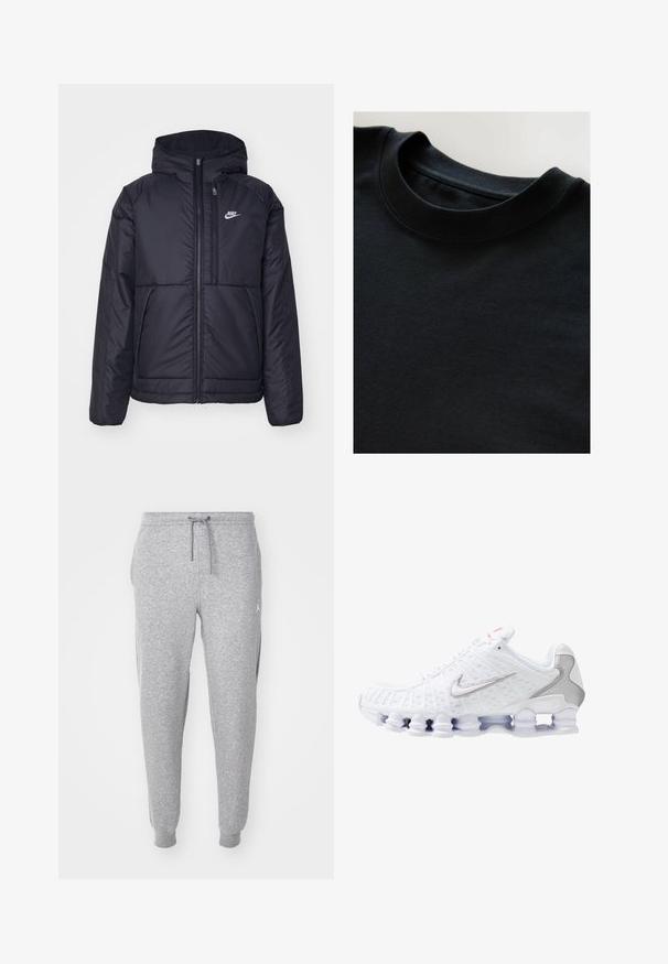 Melna, pufota Nike jaka ar priekšējo rāvējslēdzēju un kapuci. Iezīmēta ar baltu logotipu uz kreisās krūtis un divām priekšējām kabatām. Gluda ārējā tekstūra.; Melna kreklu ar apaļu kakla izgriezumu, mīksta, teksturēta auduma, īsām piedurknēm un gludu kakla izgriezumu. Vienkāršs dizains bez rakstiem vai drukājumiem.; Pelēki sporta bikses ar regulējamu saites jostu, sašaurinātām kājām un sānu kabatām. Uz augšējā augšstilba ir neliels balts logo.; Balta sporta apava ar teksturētu sieta augšdaļu, sudraba Nike logo, polsterētu apkakli un unikālu caurspīdīgu plastmasas zoli ar atsperēm.