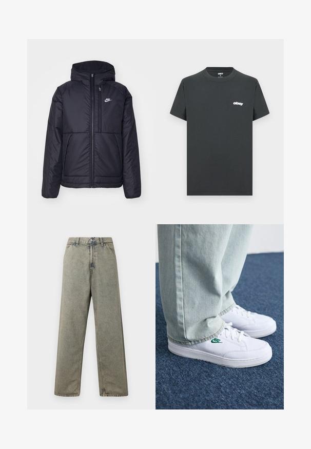 Svart, vadderad Nike-jacka med dragkedja framtill och huva. Har en vit logotyp på vänster bröst och dubbla framfickor. Slät yttextur.; Svart bomullströja med korta ärmar, rundad halsringning och vitt "obey"-logotyp på vänster bröst. Slät textur, design med normal passform.; Breda denimjeans i en blekt grå färg, med knappgylf och traditionell femfickdesign med synliga sömnadsdetaljer.; Vita lädersneakers med grön Nike-logga, rund tå, platt sula, kombinerade med ljusblå denimbyxor, visade på en blå matta.