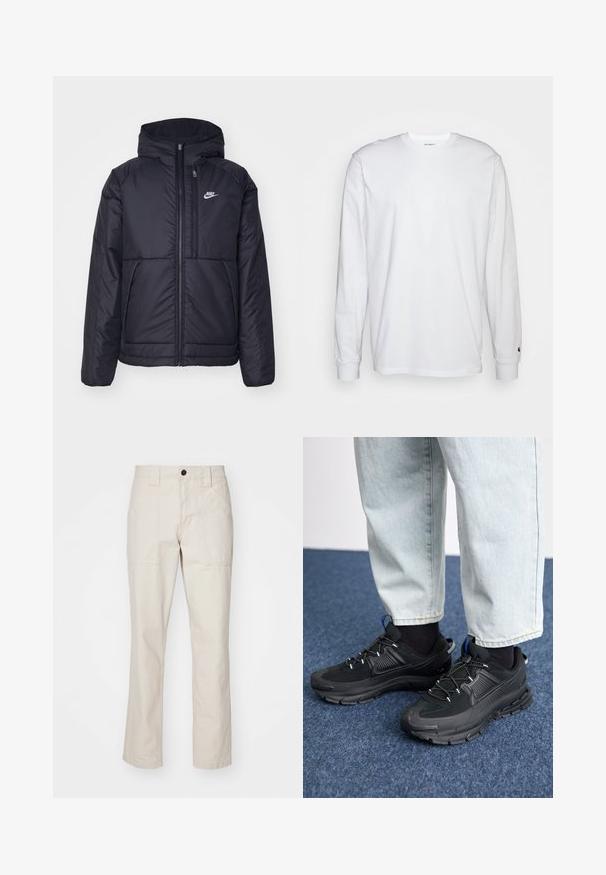 Černá zateplená bunda Nike s předním zipem a kapucí. Na levé straně hrudi má bílé logo a dvojité přední kapsy. Hladký povrch.; Bílá dlouhá tričko s dlouhými rukávy vyrobené z bavlny. Design s kulatým výstřihem, žebrované manžety a malé logo na levém rukávu. Hladká textura.; Béžové bavlněné kalhoty s rovnými nohavicemi, které mají dvě přední kapsy, zapínání na jeden knoflík a viditelné švy.; Černé sportovní boty s texturovanou tkaninou a gumovou podrážkou, s elastickými tkaničkami a modrým akcentem na patě. Nosí se s světlými džíny.