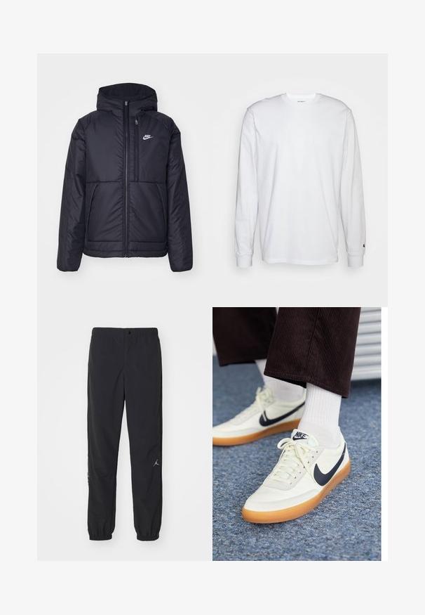 Čierna, polstrovaná bunda Nike so zipsom vpredu a kapucňou. Na ľavej strane hrude sa nachádza biele logo a sú tu dva predné vrecká. Hladký vonkajší povrch.; Biela dlhá bavlnená tričko s dlhým rukávom. Dizajn s okrúhlym výstrihom a rebrovanými manžetami, malá nášivka na ľavom rukáve. Hladká textura.; Čierne športové nohavice vyrobené z ľahkej tkaniny, so elastickým pásom, zúženými manžetami a malým logom na ľavej nohe.; Nike tenisky z bielej kože s námorníckym swooshom, s gumovou podrážkou a bielymi šnúrkami, skombinované s bielymi ponožkami a tmavými kordovým nohavicami.