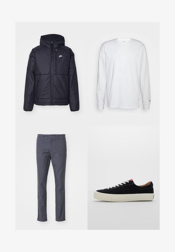 Fekete, párnázott Nike dzseki elülső cipzárral és kapucnival. A bal mellen fehér logó található, valamint két elülső zseb. Simának tűnő külső felület.; Fehér, hosszú ujjú, pamut póló. Kerek nyakú kialakítás, bordázott mandzsetták és egy kis logó a bal ujján. Simaság jellemzi.; Sötétszürke chino nadrág pamut keverék anyagból. Gombbal és cipzárral záródik, övhurkokkal rendelkezik, és egyenes lábformával készült.; Fekete vászon sportcipő fehér fűzőkkel, bézs gumitalppal és piros akcentussal a sarkán. Lekerekített orr és minimális varrási részletek.