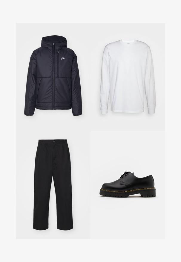 Crna Nike jakna s podstavom, dugmadi sprijeda i kapuljačom. Ima bijeli logotip na lijevoj strani prsnog koša i dva prednja džepa. Glatka vanjska tekstura.; Bijela dugopruga majica s dugim rukavima od pamuka. Dizajn s okruglim izrezom, rebrastim manžetama i malim logotipom na lijevom rukavu. Glatka tekstura.; Crne pamučne hlače ravnog kroja, sa zatvaranjem na dugme, dva prednja džepa i glatkom teksturom.; Crne kožne cipele sa vezanjem, okruglog vrha, sa teksturiranom gumom potplatom i žutim šavom oko baze. Ravni dizajn i glatka završna obrada.