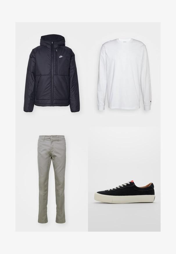Fekete, párnázott Nike dzseki elülső cipzárral és kapucnival. A bal mellen fehér logó található, valamint két elülső zseb. Simának tűnő külső felület.; Fehér, hosszú ujjú, pamut póló. Kerek nyakú kialakítás, bordázott mandzsetták és egy kis logó a bal ujján. Simaság jellemzi.; Carhartt WIP SID PANT - Nadrágok - misty grey; Fekete vászon sportcipő fehér fűzőkkel, bézs gumitalppal és piros akcentussal a sarkán. Lekerekített orr és minimális varrási részletek.