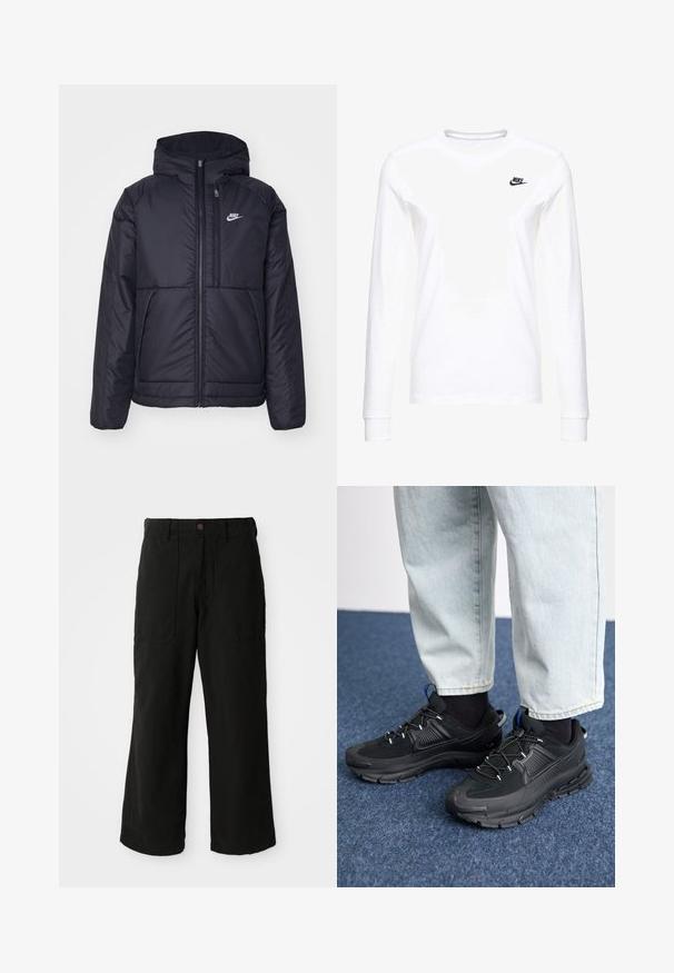 Černá zateplená bunda Nike s předním zipem a kapucí. Na levé straně hrudi má bílé logo a dvojité přední kapsy. Hladký povrch.; Bílá dlouhá trička s dlouhým rukávem vyrobená z bavlny, s malým černým logem Nike na levé hrudi a kulatým výstřihem. Hladká textura.; Černé široké kalhoty vyrobené z měkké látky, s předními kapsami a knoflíkovým zapínáním v pase. Minimalistický design bez viditelných vzorů.; Černé sportovní boty s texturovanou tkaninou a gumovou podrážkou, s elastickými tkaničkami a modrým akcentem na patě. Nosí se s světlými džíny.