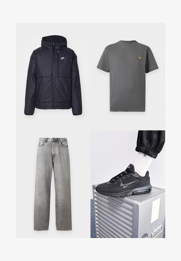 Giacca Nike nera, imbottita, con zip frontale e cappuccio. Presenta un logo bianco sul lato sinistro del petto e doppie tasche frontali. Texture esterna liscia.; T-shirt grigio a maniche corte in cotone; presenta un logo sottile in arancione e bordeaux sul petto. Design semplice con collo a giro.; Jeans grigi ampi in denim. Presentano una vita alta, cinque tasche e una chiusura con bottone e cerniera. Leggera sbiaditura su tutta la stoffa.; Nike Sportswear PULSE - Sneakers basse - black/anthracite