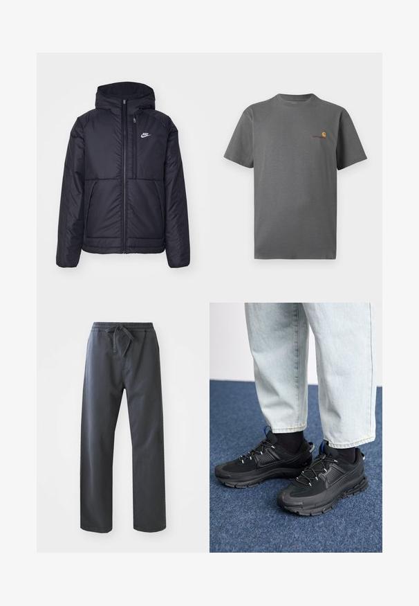 Sort, polstret Nike-jakke med frontlynlås og hætte. Har et hvidt logo på venstre bryst og to frontlommer. Glat ydre tekstur.; Grå kortærmet t-shirt lavet af bomuld; har et diskret logo i orange og burgunderrød på brystet. Enkel crew neck design.; Sort, elastiske bukser med taljeelastik og snøre, der har et lige ben-design og en glat tekstur. Ingen synlige lommer eller mønstre.; Sorte træningssko med tekstureret stof og gummisåler, udstyret med elastiske snørebånd og en blå detalje på hælen. Bæres med lyse denimbukser.
