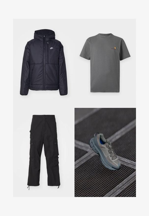 Sort, polstret Nike-jakke med frontlynlås og hætte. Har et hvidt logo på venstre bryst og to frontlommer. Glat ydre tekstur.; Grå kortærmet t-shirt lavet af bomuld; har et diskret logo i orange og burgunderrød på brystet. Enkel crew neck design.; Carhartt WIP TRACKER PANT - Cargobukser - black; Beige og grå sportsko med tekstureret mesh-overdel, rund tå og gummisål, med snørebånd og polstret krave.