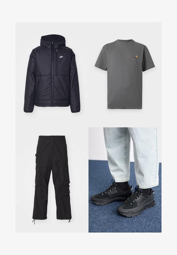 Crna Nike jakna s podstavom, dugmadi sprijeda i kapuljačom. Ima bijeli logotip na lijevoj strani prsnog koša i dva prednja džepa. Glatka vanjska tekstura.; Siva majica s kratkim rukavima od pamuka; sadrži suptilni logo u narančastoj i burgundiji boji na prsima. Osnovni dizajn s okruglim izrezom.; Carhartt WIP TRACKER PANT - Cargo hlače - black; Crne atletske cipele s teksturiranom tkaninom i gumene potplate, s elastičnim vezicama i plavim akcentom na peti. Nosene su s svijetlim trapericama.