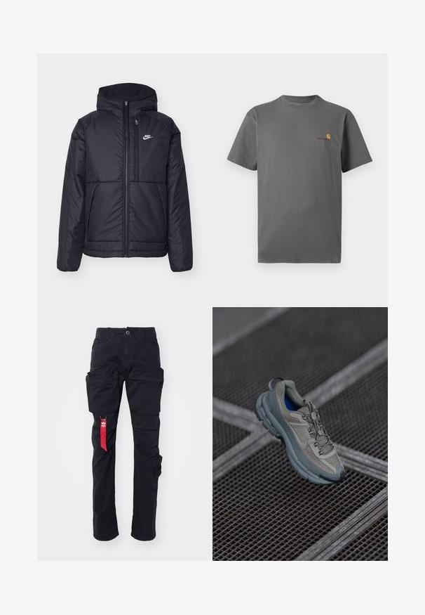 Črna, podložena Nike jakna z sprednjim zadrgo in kapuco. Ima bel logo na levem prsnem delu in dvojna sprednja žepa. Gladka zunanja tekstura.; Siva majica s kratkimi rokavi iz bombaža; ima subtilen logo v oranžni in burgundski na prsih. Osnovna zasnova s krožnim vratom.; Črne cargo hlače z več stranskimi žepi, zanko za pas in rdečo tekstilno oznako na levi strani. Narejene so iz trpežne bombažne tkanine.; Bež in siva športna čevlja z teksturiranim mrežastim zgornjim delom, okroglem nosu in gumijastim podplatom, opremljena z vezalkami in oblazinjenim ovratnikom.