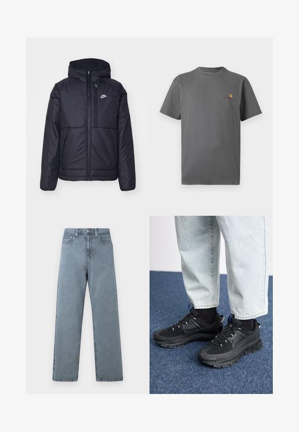 Must musta Nike jope, millel on ees lukuga avamine ja kapuuts. Vasakpoolne rind on kaunistatud valge logoga ning ees on kaks taskut. Sile välimine tekstuur.; Hallita halli lühikeste varrukatega t-särk, mis on valmistatud puuvillast; esitades diskreetse logo oranžis ja burgundia värvitoonis rinnal. Lihtne ümmargune kaelus.; Heled sinised teksad sirgete jalgadega disainiga, viis taskut, metallist nööbi kinnitusega ja kergelt pleekinud tekstuuriga.; Mustad mustad jooksukingad, millel on tekstureeritud kangas ja kummist tallad, elastsed nöörid ning sinine aksent kandadel. Kandmine heledate teksadega.
