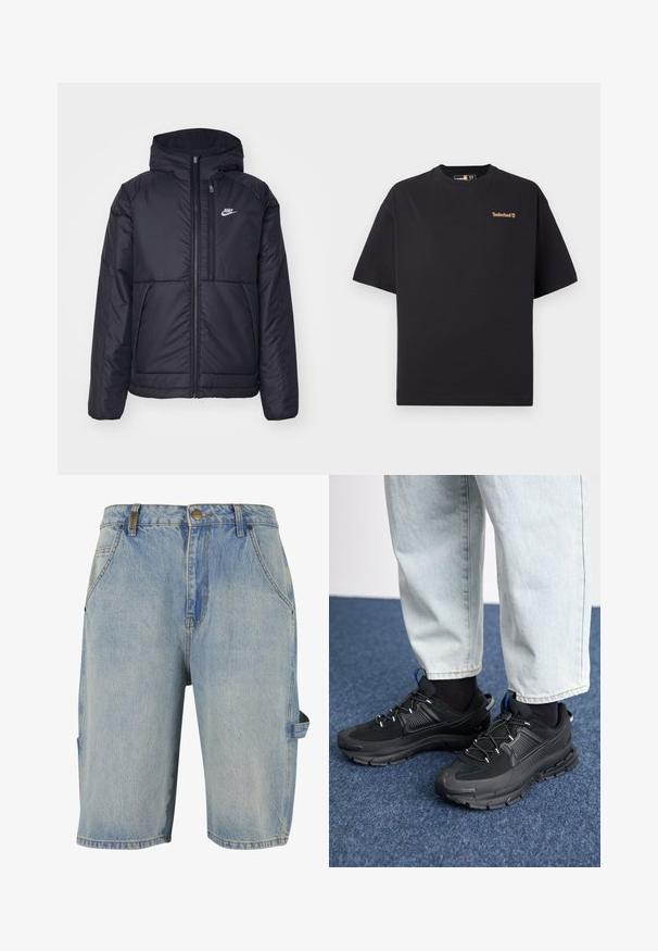 Črna, podložena Nike jakna z sprednjim zadrgo in kapuco. Ima bel logo na levem prsnem delu in dvojna sprednja žepa. Gladka zunanja tekstura.; Crna majica Timberland s kratkimi rokavi in krojnim ovratnikom, z manjšim svetlo rjavim logotipom na zgornjem levem prsnem delu, prikazana na beli podlagi.; Denim kratke hlače v svetlo modri barvi, z značilnim pet-pocket dizajnom, vidnimi šivi in stransko cargo žepom z zanko.; Črne športne čevlje z teksturirano tkanino in gumijastimi podplati, ki imajo elastične vezalke ter modre poudarke na peti. Nosi se z lahkimi denim hlačami.