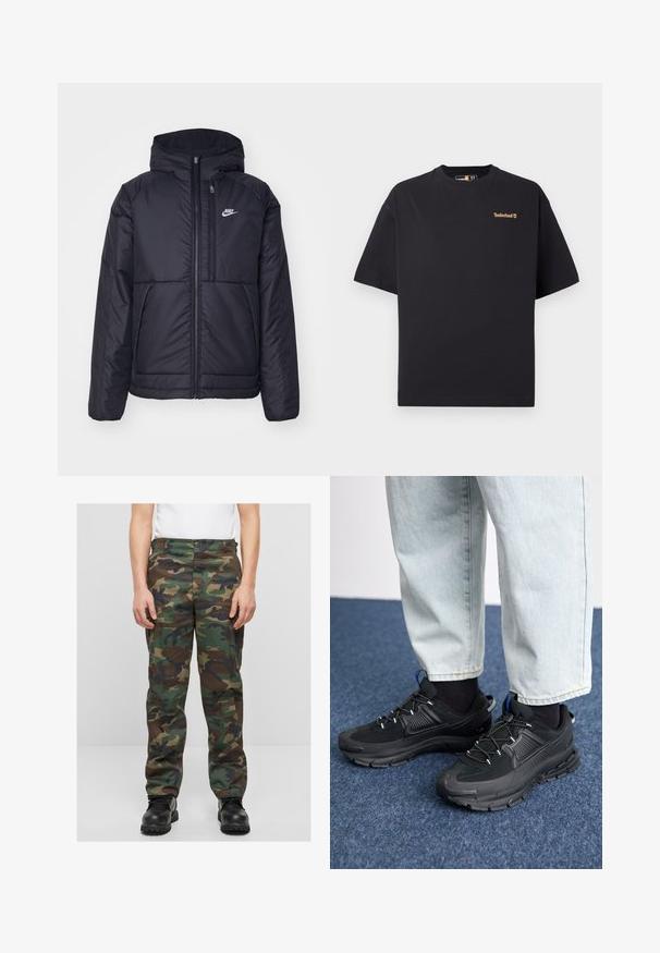 Crna Nike jakna s podstavom, dugmadi sprijeda i kapuljačom. Ima bijeli logotip na lijevoj strani prsnog koša i dva prednja džepa. Glatka vanjska tekstura.; Crna kratka majica s kružnim izrezom Timberland s kratkim rukavima i malim bež logotipom na gornjem lijevom dijelu prsa, prikazana na bijeloj pozadini.; Kamikaze cargo hlače u zelenoj, smešnoj i crnoj boji. Izrađene od čvrstog materijala s udobnim krojem i bočnim džepovima. Imaju zatvaranje na dugme.; Crne atletske cipele s teksturiranom tkaninom i gumene potplate, s elastičnim vezicama i plavim akcentom na peti. Nosene su s svijetlim trapericama.