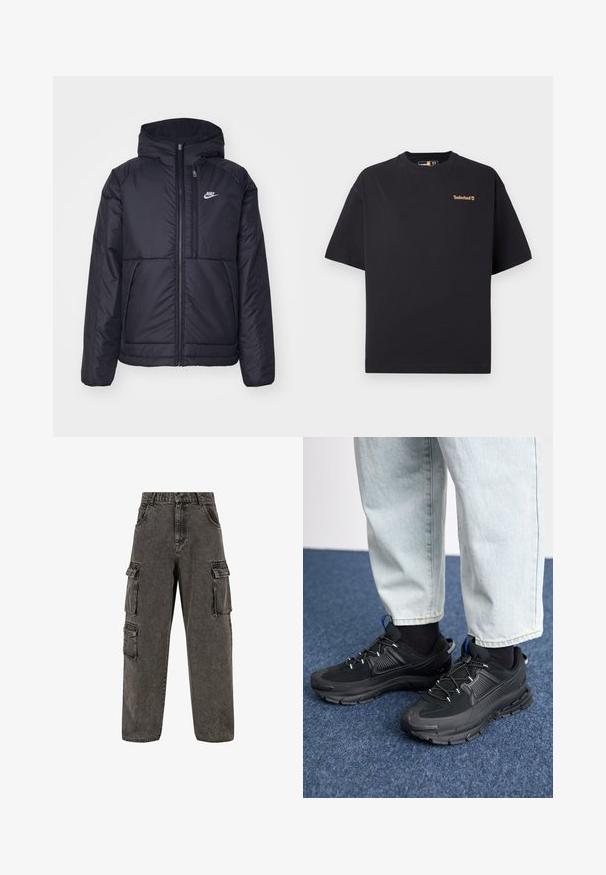 Černá zateplená bunda Nike s předním zipem a kapucí. Na levé straně hrudi má bílé logo a dvojité přední kapsy. Hladký povrch.; Černé tričko Timberland s krátkým rukávem a kulatým výstřihem, s malým hnědým logem na levé části hrudi, vystavené na bílém pozadí.; Karl Kani OG BAGGY - Džíny Relaxed Fit - grey; Černé sportovní boty s texturovanou tkaninou a gumovou podrážkou, s elastickými tkaničkami a modrým akcentem na patě. Nosí se s světlými džíny.