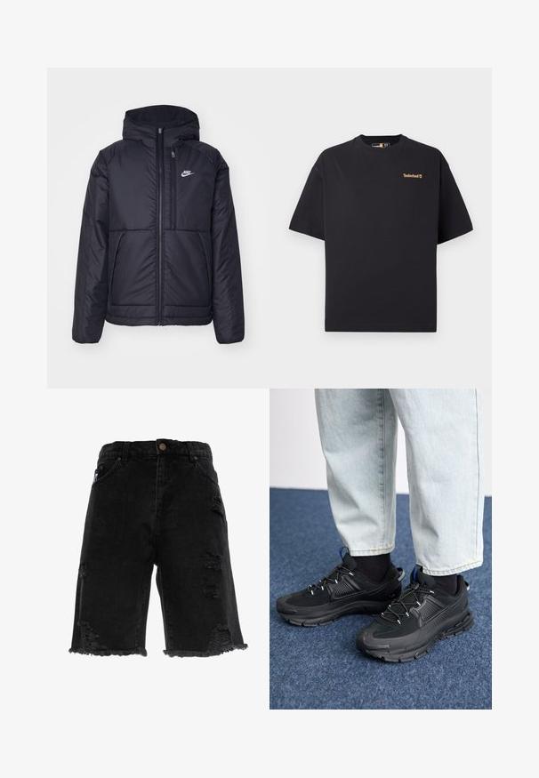 Fekete, párnázott Nike dzseki elülső cipzárral és kapucnival. A bal mellen fehér logó található, valamint két elülső zseb. Simának tűnő külső felület.; Fekete, rövid ujjú, kerek nyakú Timberland póló, kicsi, világosbarna logóval a bal felső mellrészén, fehér háttér előtt.; Fekete farmer sort szálkás szegéllyel, melyen kopott lyukak találhatók és egyenes fazonú. Tartalmaz hagyományos első zsebeket és fémből készült gombot.; Fekete sportcipők texturált anyaggal és gumitalppal, elasztikus fűzőkkel és kék kiegészítővel a saroknál. Világos farmernadrággal viselve.