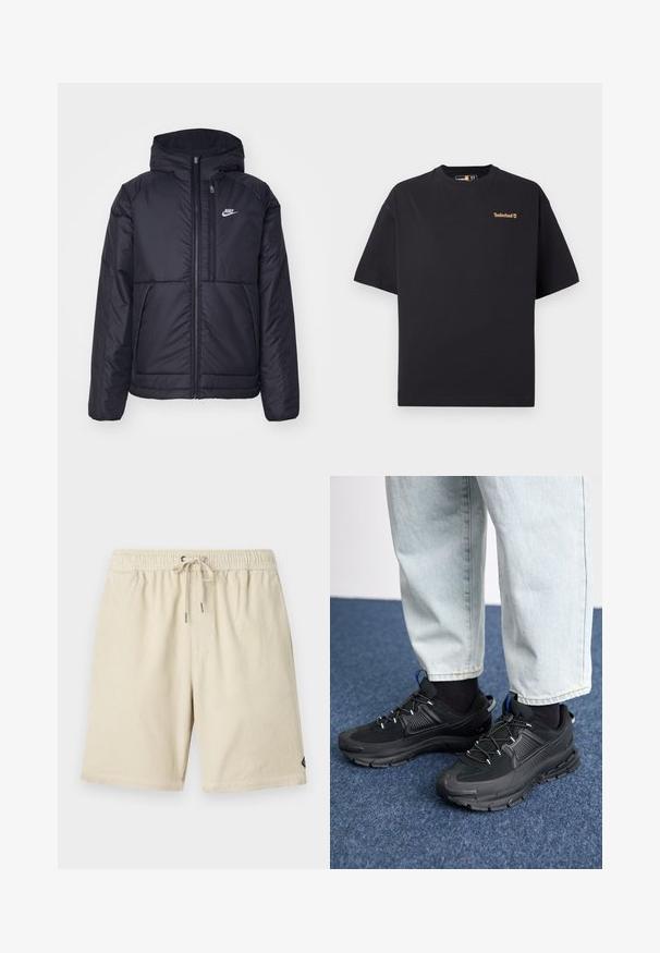 Svart, polstret Nike-jakke med frontglidelås og hette. Har en hvit logo på venstre bryst og doble frontlommer. Glatt ytterside.; Svart t-skjorte med kort erme og rund hals fra Timberland, med en liten beige logo på øvre venstre bryst, vist på hvit bakgrunn.; Beige corduroy shorts med elastisk midje og snor, med en subtil vertikal ribbet tekstur og liten etikett på siden.; Svarte sportssko med teksturert stoff og gummisåler, med elastiske lisser og en blå detalj på hælen. Brukt med lyse denimbukser.