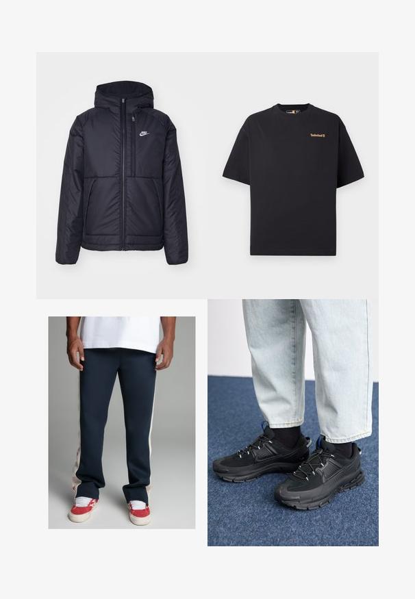 Fekete, párnázott Nike dzseki elülső cipzárral és kapucnival. A bal mellen fehér logó található, valamint két elülső zseb. Simának tűnő külső felület.; Fekete, rövid ujjú, kerek nyakú Timberland póló, kicsi, világosbarna logóval a bal felső mellrészén, fehér háttér előtt.; Tengeri kék melegítőnadrág krémszínű oldalsávokkal és egy visszafogott logóval a bal lábszáron. Az anyag sima, laza fazonra szabott, mandzsettás szegélyekkel.; Fekete sportcipők texturált anyaggal és gumitalppal, elasztikus fűzőkkel és kék kiegészítővel a saroknál. Világos farmernadrággal viselve.